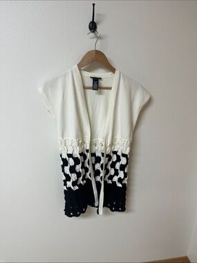 Lafayette 148 New York Cream and Black Open-Front Knit Tunic